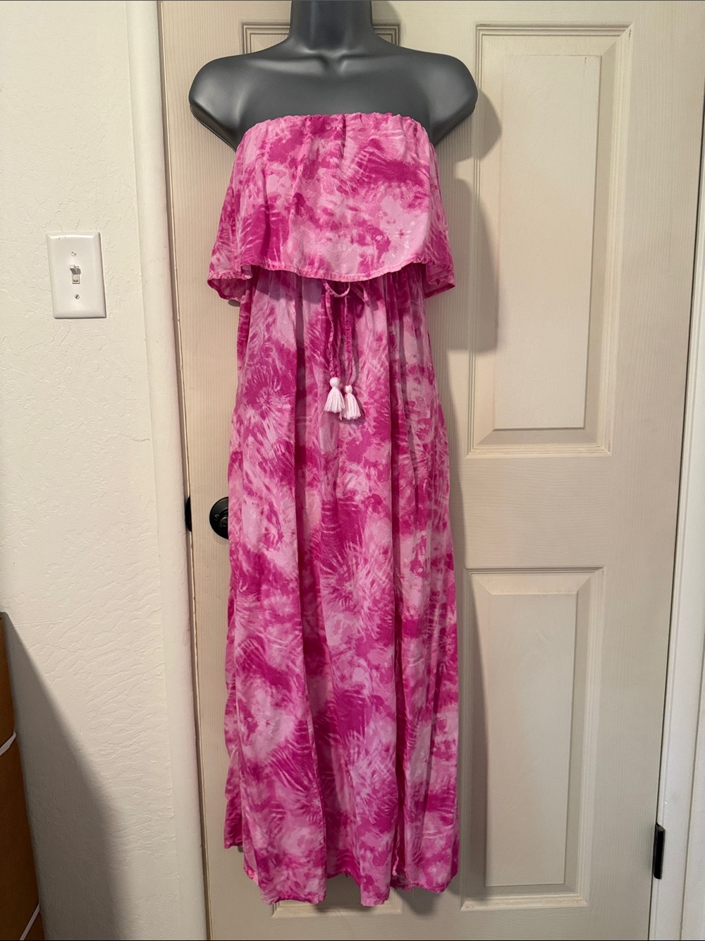 Japna Pink and White Tie-Dye Strapless Maxi Dress
